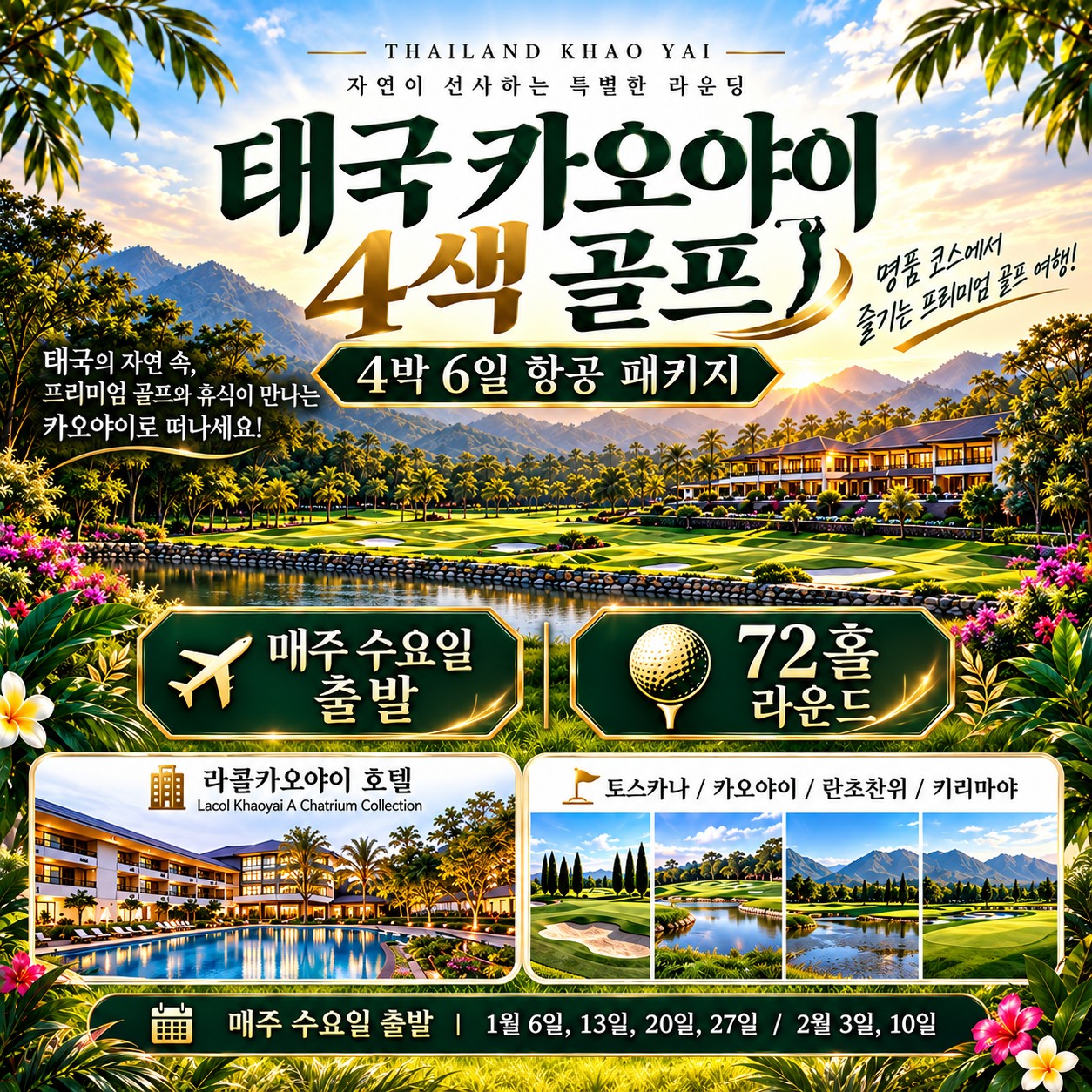 태국 카오야이 4색 골프 4박6일 패키지 선착순모집! 태국의 아름다운 자연과 이국적인 풍경 속에서 즐기는 특별한 골프여행!